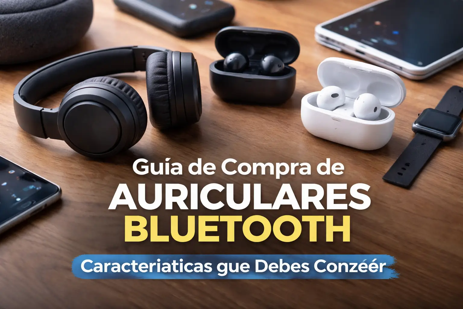 Guía de compra de auriculares Bluetooth mostrando diferentes tipos de auriculares inalámbricos sobre una mesa